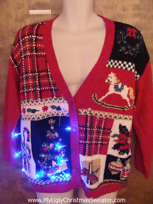 Novelty Holiday Cute Christmas Sweater with Lights with Rocking Horse