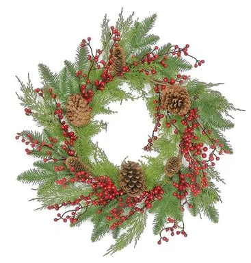 NURSERY GREENERY WREATH WITH CONE & BERRY, 24"; PE, GREEN/RED