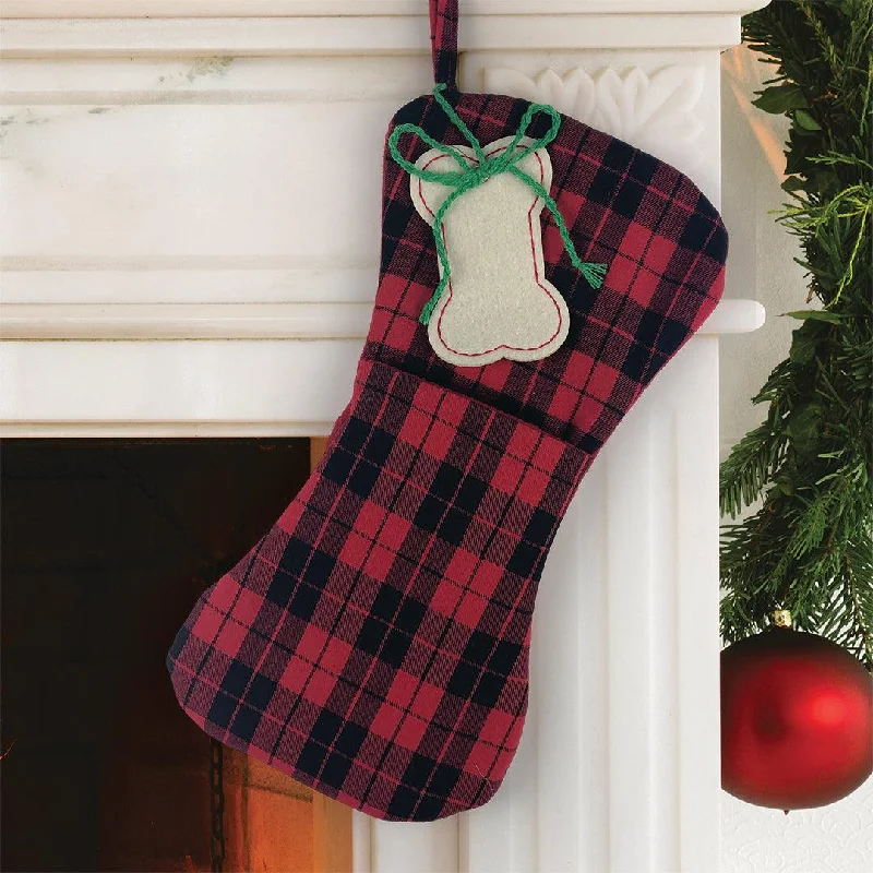 Plaid Bone 17" Pet Stocking Red