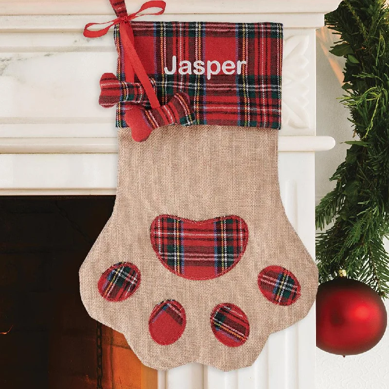 Personalized Brown Plaid Paw Stocking