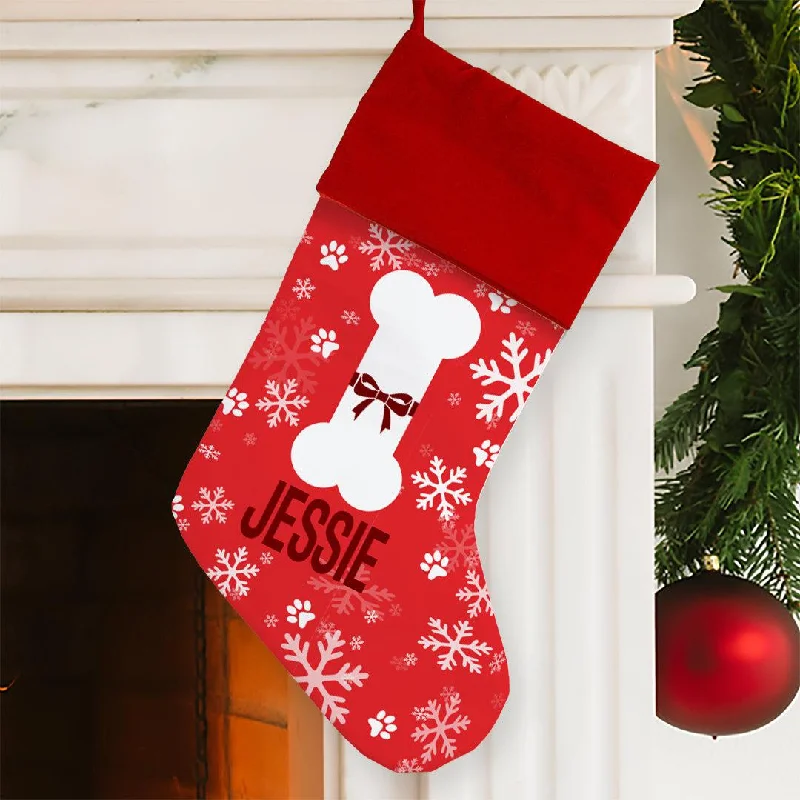 Personalized Dog Bone with Snowflakes Christmas Stocking