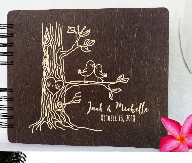 Christmas Snow Covered Roof Personalized Love Birds Wooden Wedding Guest Book 8.5x7" Wood Alternate Unique Barn Mr Mrs Guestbook Custom Newlywed Wedding Guest Register
