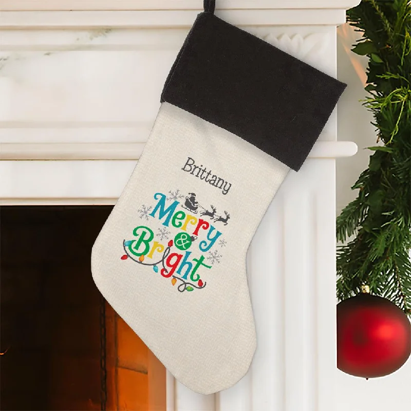 Personalized Merry and Bright Grey Cuff Stocking