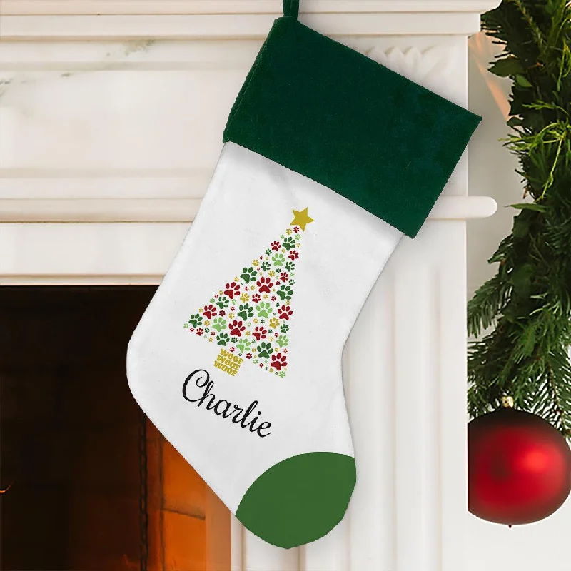 Personalized Paws Christmas Tree Stocking with Green Cuff