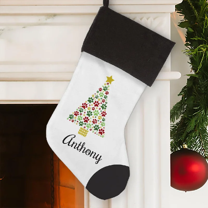 Personalized Paws Christmas Tree Stocking with Grey Cuff