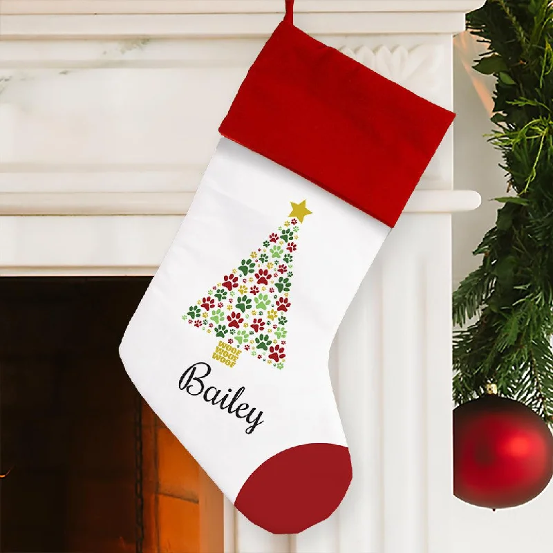 Personalized Paws Christmas Tree Stocking with Red Cuff