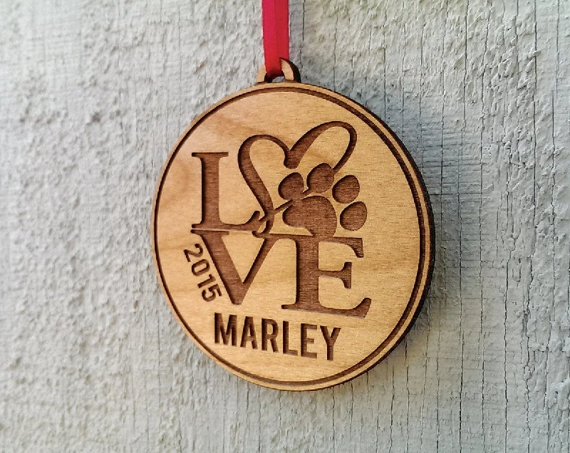 Christmas Jolly Spirit Personalized Pet Ornament Gift With Love Paw Print Pets Name and Date Ornament Dog Cat Christmas Gift Custom Engraved Wood Tree Ornament