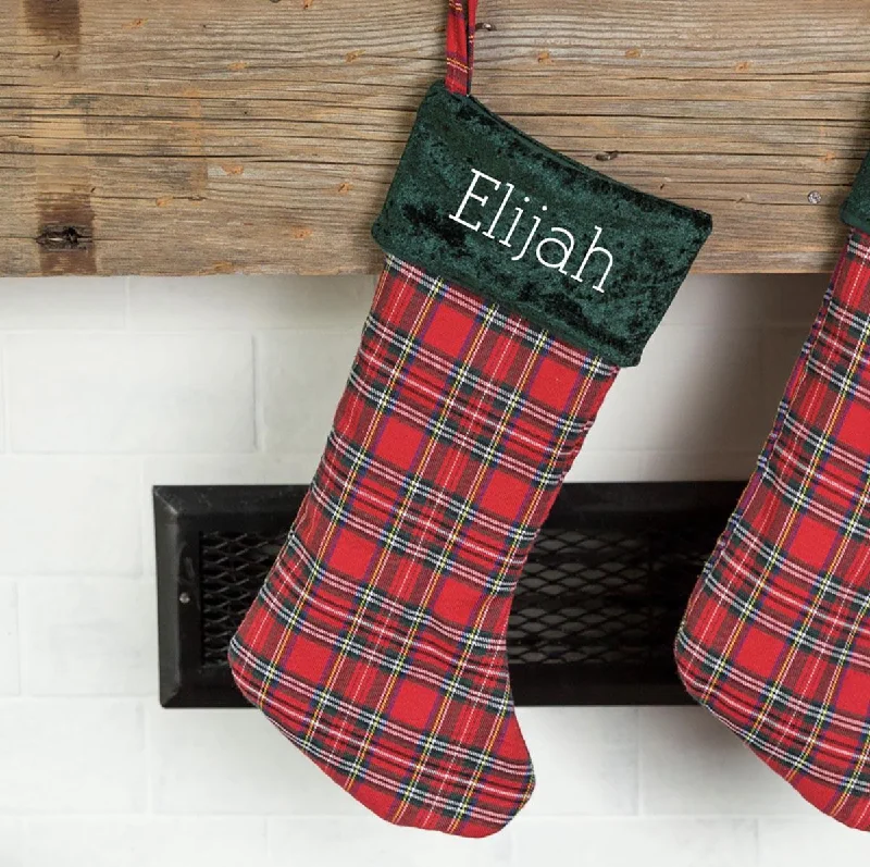 Personalized Red And Green Plaid Stockings - Printed