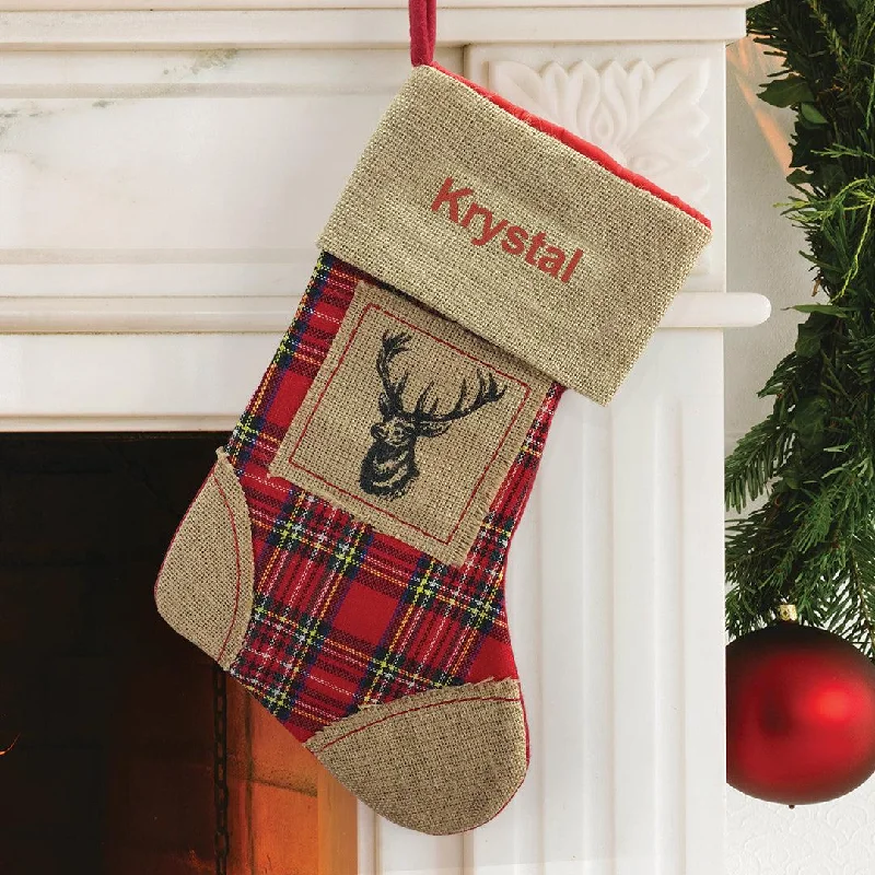 Personalized Red Thread Burlap Reindeer Stocking