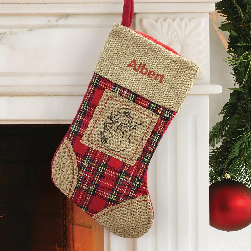 Personalized Red Thread Burlap Snowman Stocking