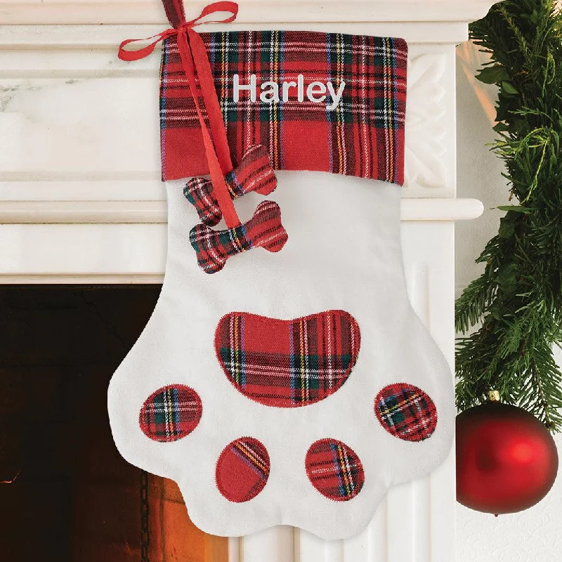 Personalized White Plaid Paw Stocking