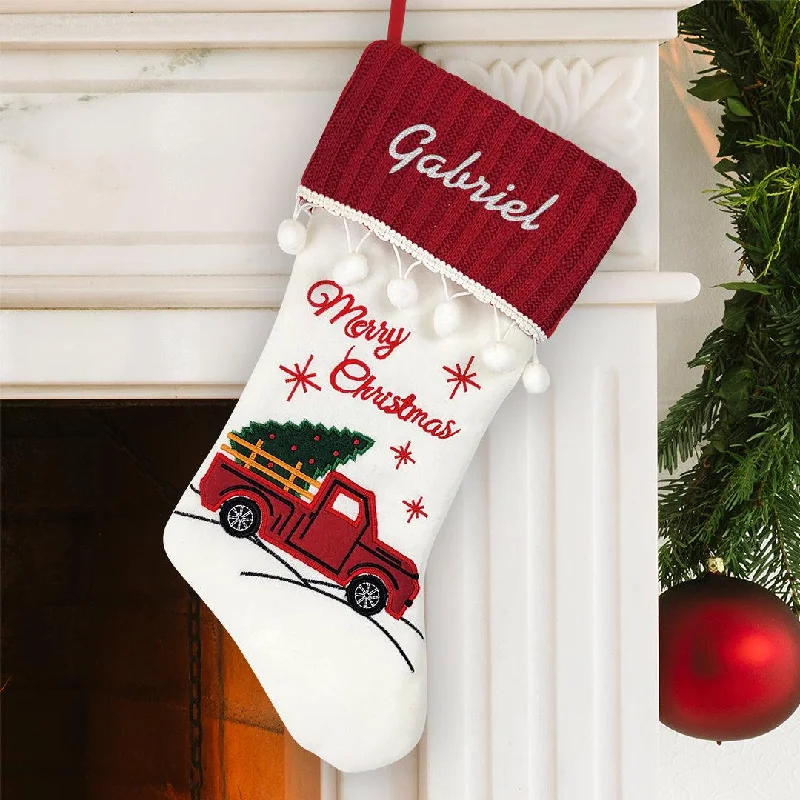 Personalized White Thread Red Truck Stocking