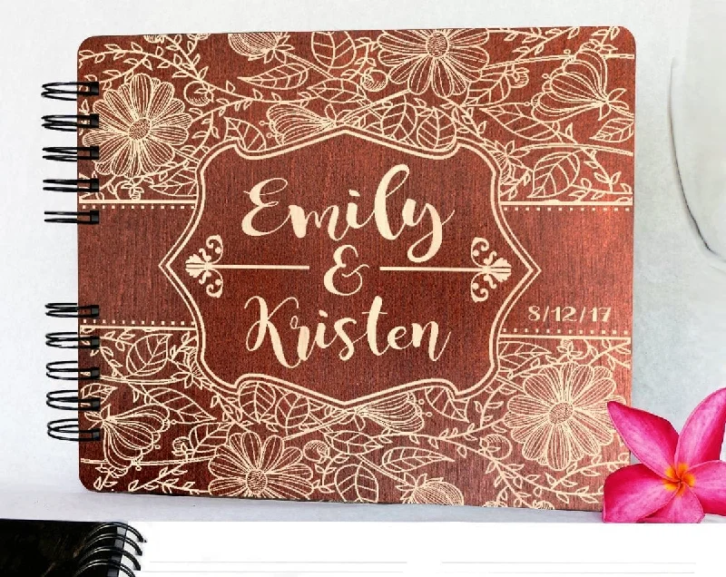 Christmas Tree Angel Personazlied Flower Design Wedding Guest Book 8.5x7 Rustic Wood Engraved Unique Bride Groom Guest Album Anniversary Guestbook