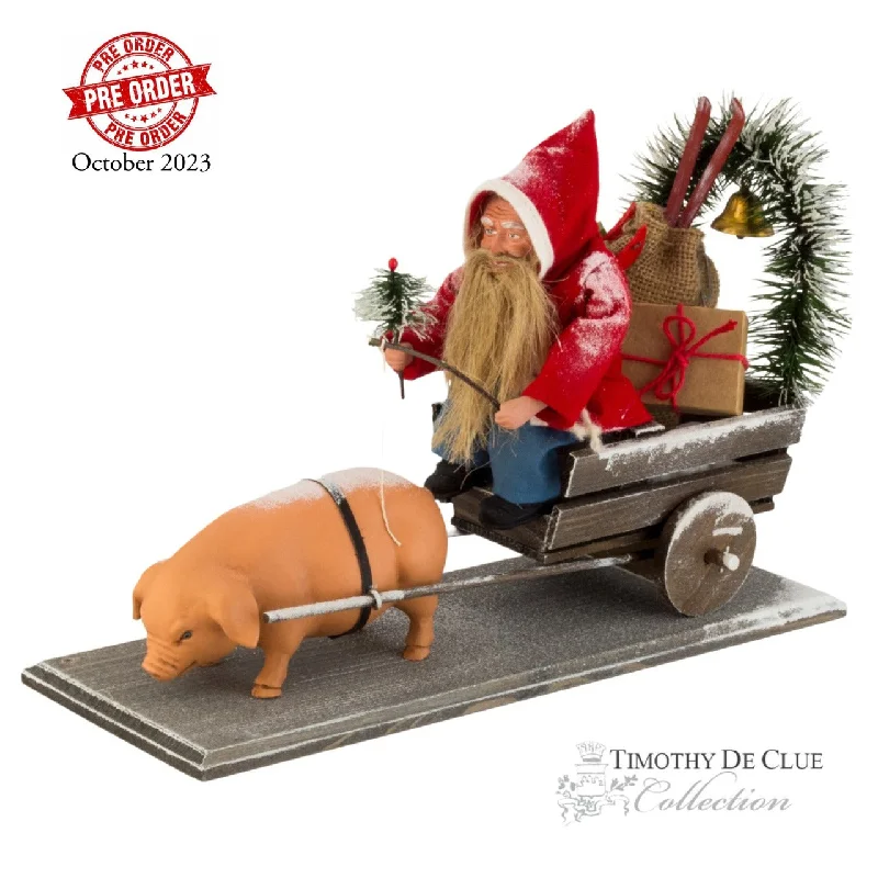 Christmas Twinkling Lights Pig Swine Cart Driving Santa Paper Mache | Vintage German Reproduction of 19th Century Piece