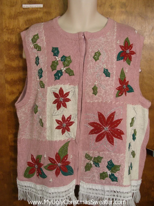 Christmas Winter Nights Magic Pink Poinsettias Funny Christmas Sweater Vest