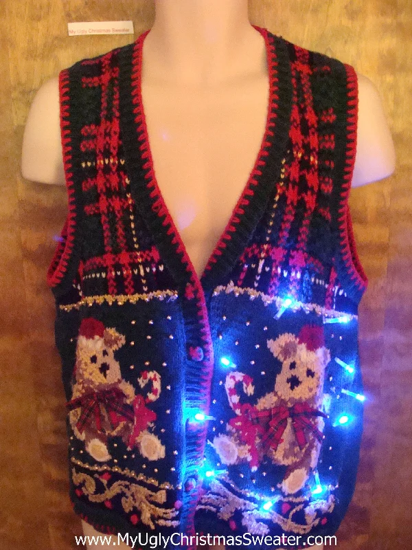 Plaid Vest with Bears Cute Christmas Sweater with Lights