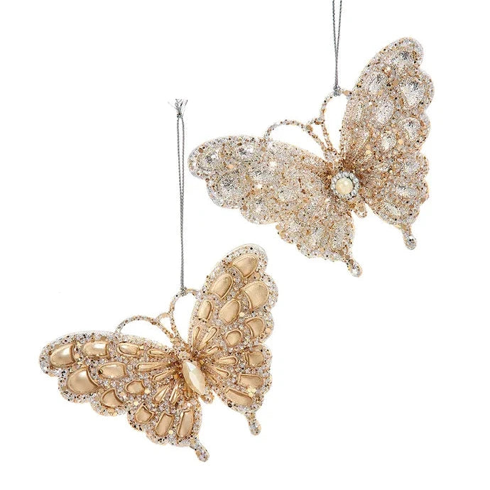 Christmas Snow Covered Streets Platinum Glittered Acrylic Butterfly Ornament
