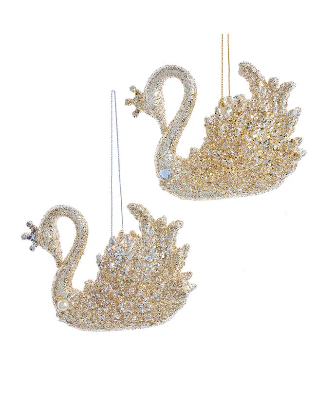 Christmas Cozy Fireplace Platinum Glittered Acrylic Swan Ornament