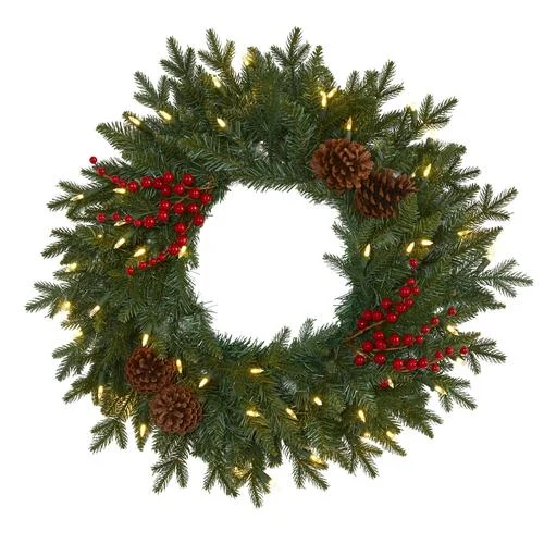 Christmas Twinkling Lights 24" Green Pine Artificial Christmas Wreath with 50 Warm White LED Lights, Berries and Pine Cones