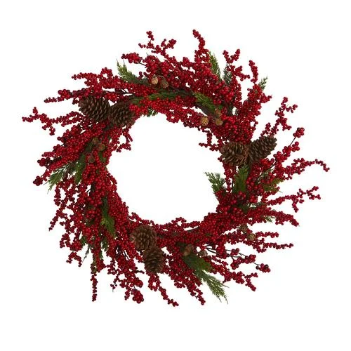 Christmas Holiday Greetings 34" Cypress Artificial Wreath with Berries and Pine Cones