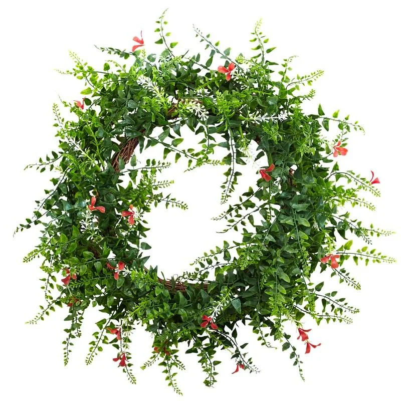 Christmas Holiday Goodies 18" Floral & Fern Double Ring Wreath w/Twig Base