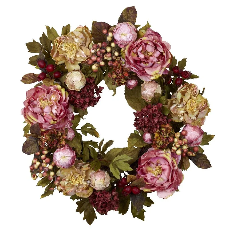 Christmas Twinkling Decorations 24" Peony Hydrangea Wreath