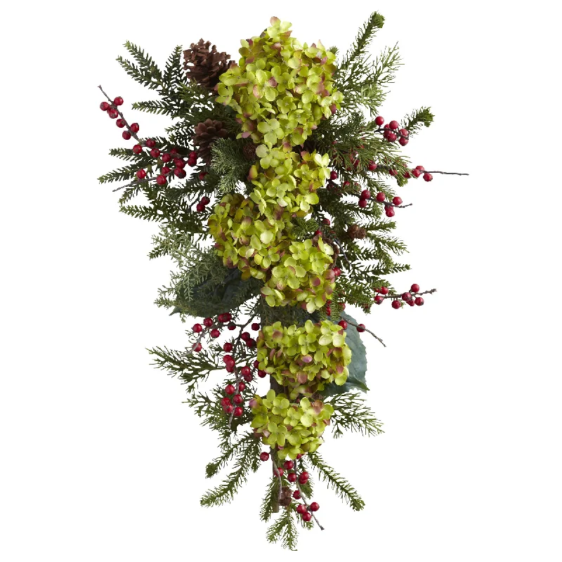 Christmas Cozy Fireplace 26" Hydrangea, Pine & Berry Teardrop