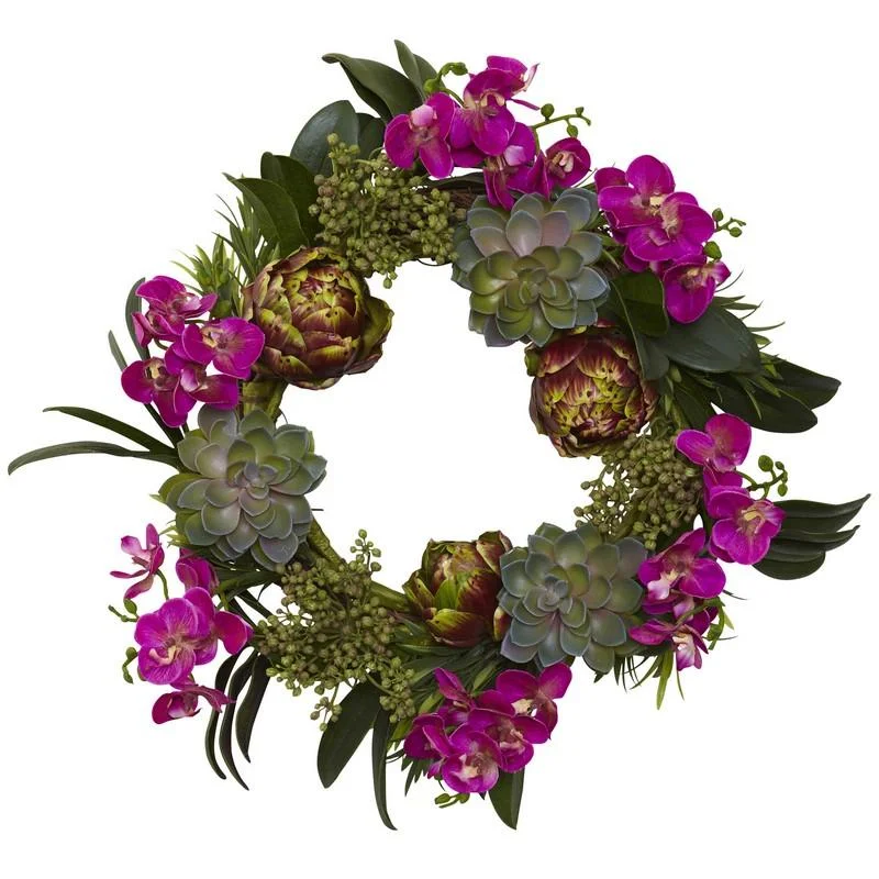Christmas Festive Lights 20" Orchid, Artichoke & Succulent Wreath