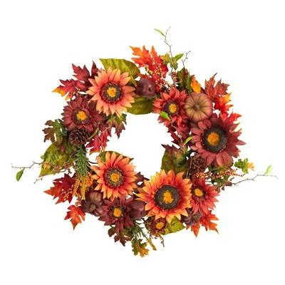 Christmas Storytelling Night 24" Autumn Sunflower, Pumpkin, Pinecone and Berries Fall Artificial Wreath