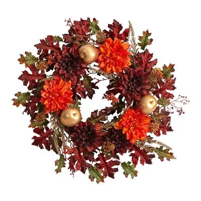 Christmas Starry Skies 24" Fall Dahlia, Golden Apple, Oak Leaf and Berries Autumn Artificial Wreath