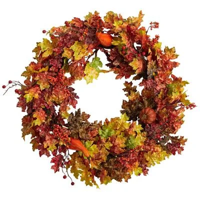 32" Autumn Oak Leaf, Berries and Pumpkin Artificial Autumn Wreath