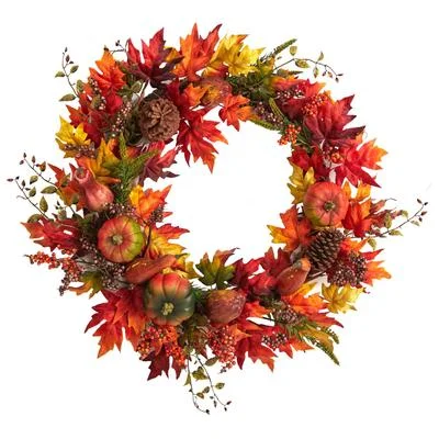 32" Autumn Maple Leaf, Pumpkin and Berries Artificial Fall Wreath