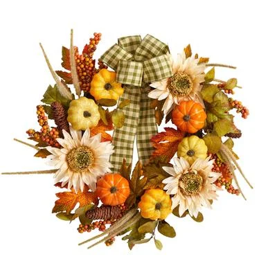 24" Fall Pumpkin, Sunflower Artificial Autumn Wreath with Decorative Ribbon