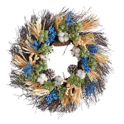 22" Autumn Cotton, Eucalyptus, Berries and Pinecones Artificial Fall Wreath