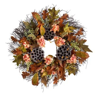 Christmas Homemade Crafts 22" Autumn Hydrangea, Dried Lotus Pod Artificial Fall Wreath