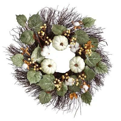 Christmas Fireplace Ambience 22" Autumn Green Pumpkin, Cotton and Berries Artificial Fall Wreath