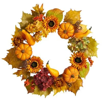 22" Autumn Hydrangea, Pumpkin and Sunflower Artificial Fall Wreath