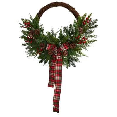 Christmas Cozy Blankets 28" Pine and Pinecone Artificial Christmas Wreath with Decorative Bow