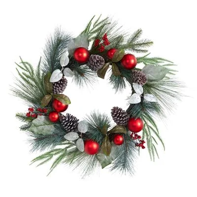 24" Assorted Pine, Pinecone and Berry Artificial Christmas Wreath with Red Ornaments