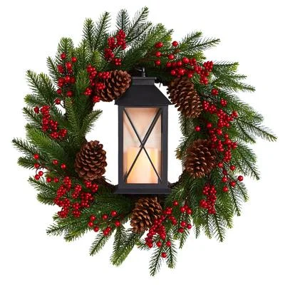 28" Berries and Pine Artificial Christmas Wreath with Lantern and Included LED Candle