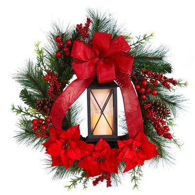 28" Poinsettia and Berry Holiday Lantern Christmas Wreath with LED Candle