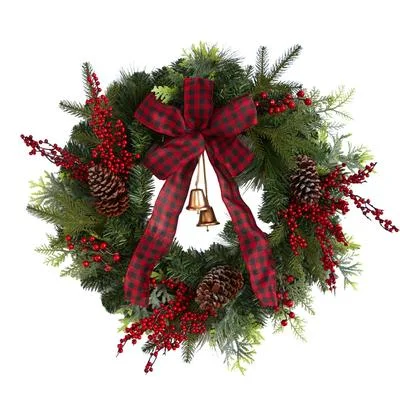 24" Decorated Christmas Artificial Wreath with Bow and 130 Bendable Branches