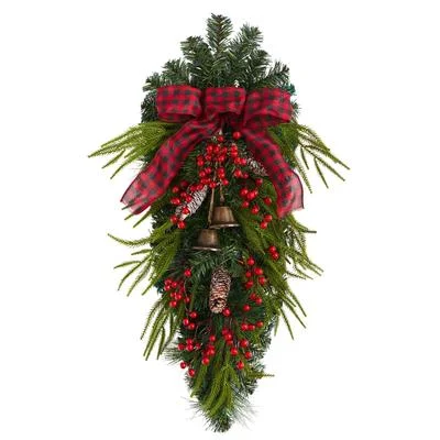 24" Holiday Christmas Pine Cones, Berry and Bells Wreath