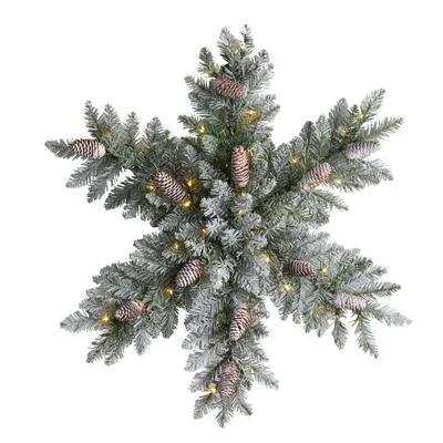 30" Pre-Lit Flocked Snowflake Artificial Dunhill Fir Wreath with Pinecones and 40 LED Lights