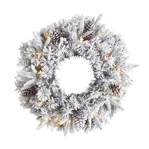 20" Flocked Artificial Christmas Wreath with 35 Warm White LED Lights