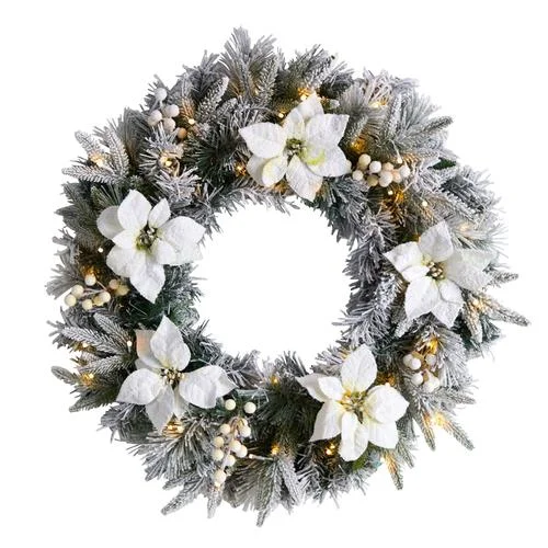 24" Flocked Poinsettia and Pine Artificial Christmas Wreath with 50 Warm White LED Lights