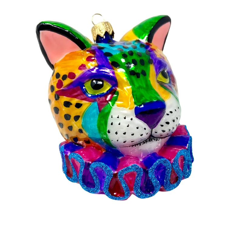 Christmas Reindeer Sleigh Rainbow Cheetah Blown Glass Christmas Ornament