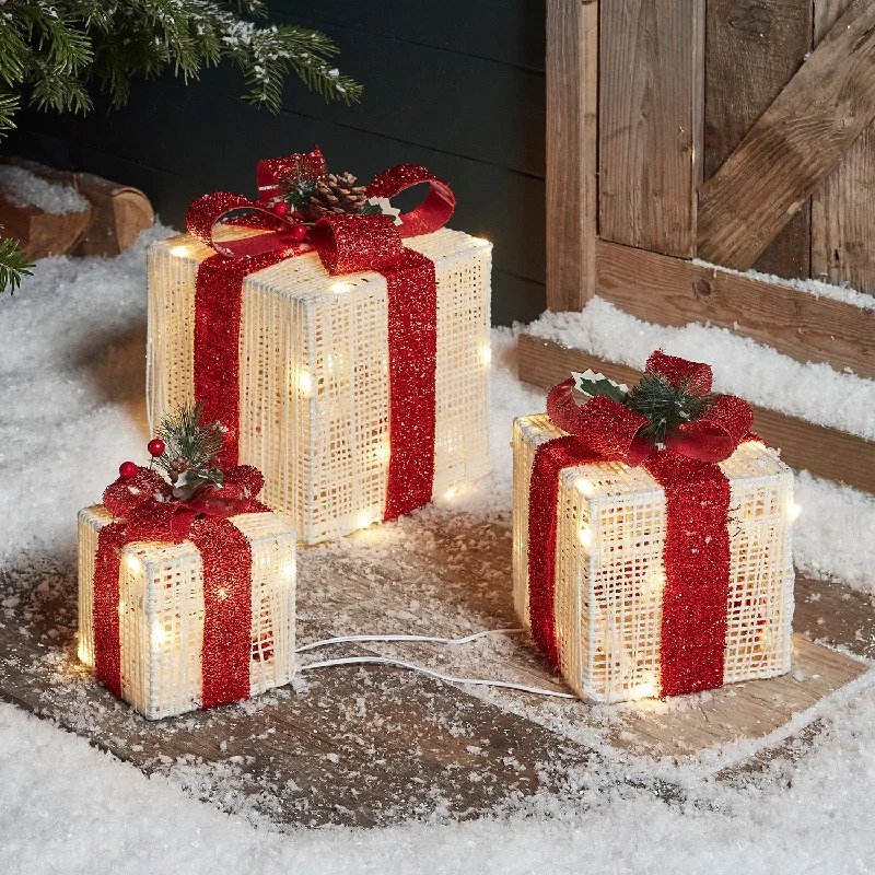 Christmas Star Gazing Red and White Glitter Light Up Christmas Present Trio