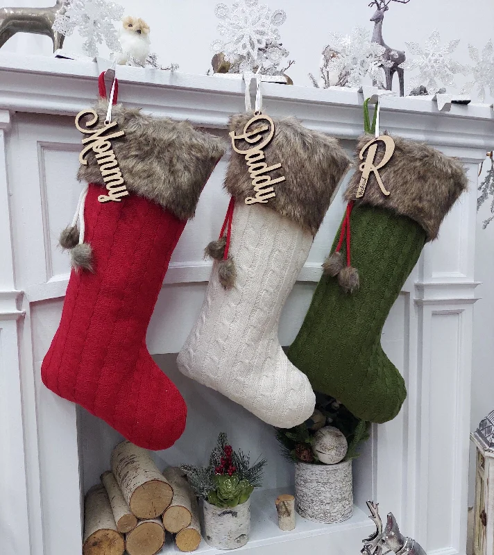 Christmas Cozy Fireplace Red | Ivory | Olive | Cable Knit Christmas Stockings | Faux Fur Pom Poms Personalized  Wood Name Tag Custom Embroidered Xmas Modern Decor