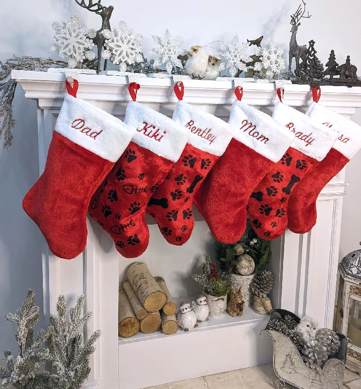 Christmas Tree Farm Red white plush embroidered Christmas stocking - Personalized Embroidered Family Kids Dog Cat Pet Paw Stockings - traditional red and white Christmas Stockings